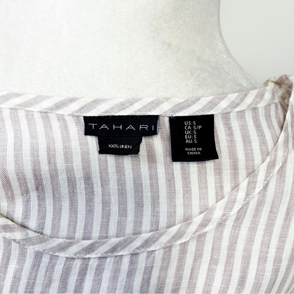 TAHARI 100% Linen Tan & White Striped Short Sleeve pocket Top - SMALL - Picture 3 of 7